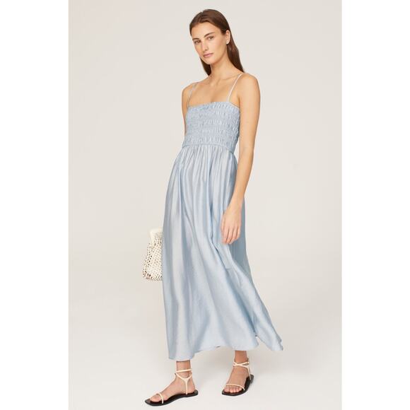 MADEWELL Blue Square Neckline Smocked Theo Sleeveless A-Line Midi Dress Size XS - Picture 1 of 11